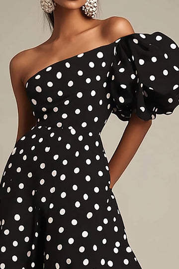 Une Épaule Une Ligne Noir Blanc Pois Robe